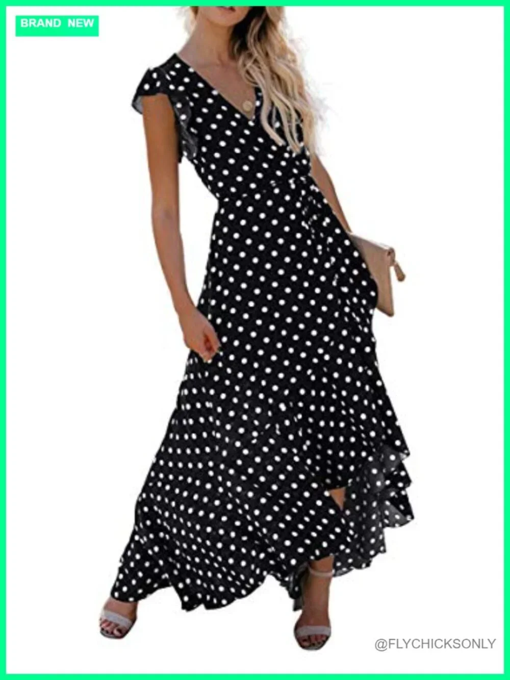 Flowy V-Neck Maxi Dress High Low Hem Ruffle Sleeves